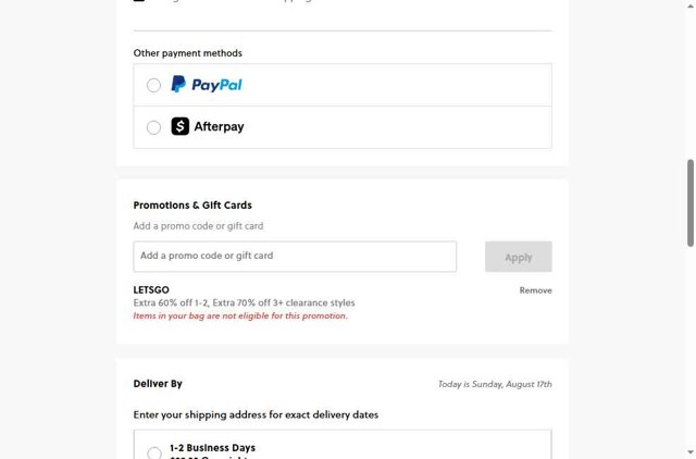 J. Crew Factory checkout page showing J. Crew Factory promo code box | Screenshot taken by SimplyCodes community member on Aug 17, 2025