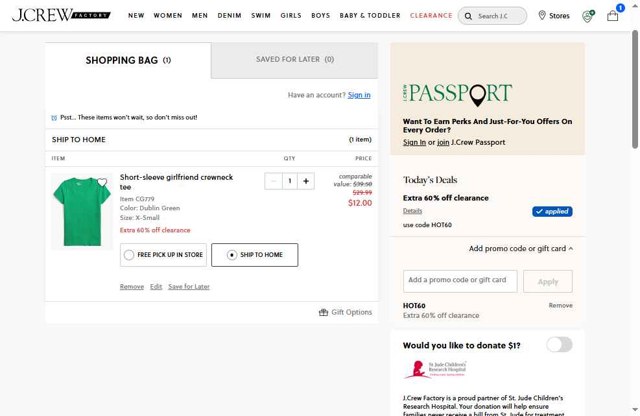 J. Crew Factory checkout page showing J. Crew Factory promo code box | Screenshot taken by SimplyCodes community member on Jul 17, 2025