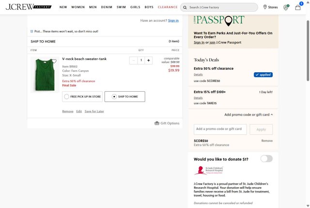 J. Crew Factory checkout page showing J. Crew Factory promo code box | Screenshot taken by SimplyCodes community member on Aug 4, 2025