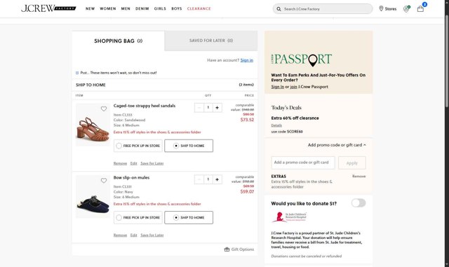J. Crew Factory checkout page showing J. Crew Factory promo code box | Screenshot taken by SimplyCodes community member on Aug 14, 2025