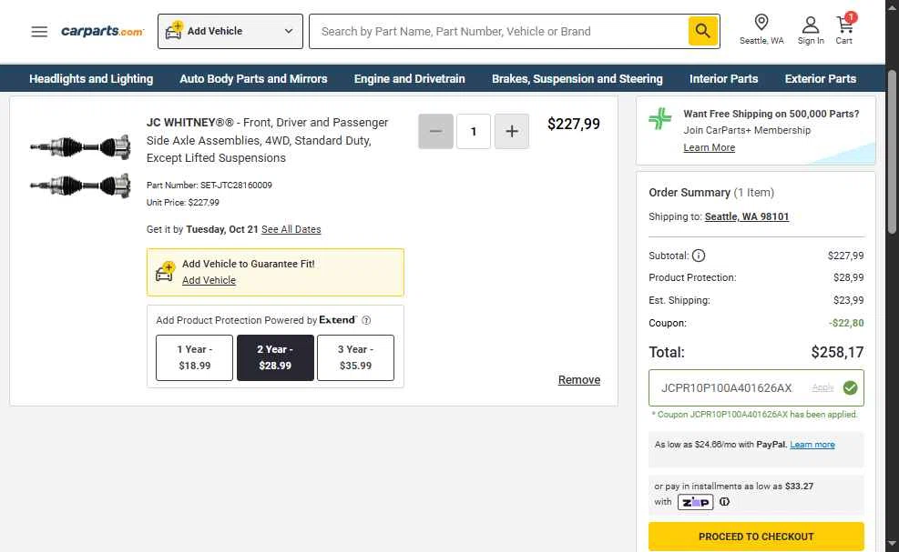 JC Whitney checkout page showing JC Whitney promo code box | Screenshot taken by SimplyCodes community member on Oct 16, 2025