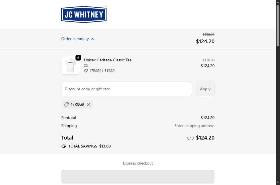 JC Whitney checkout page showing JC Whitney promo code box | Screenshot taken by SimplyCodes community member on Oct 27, 2025