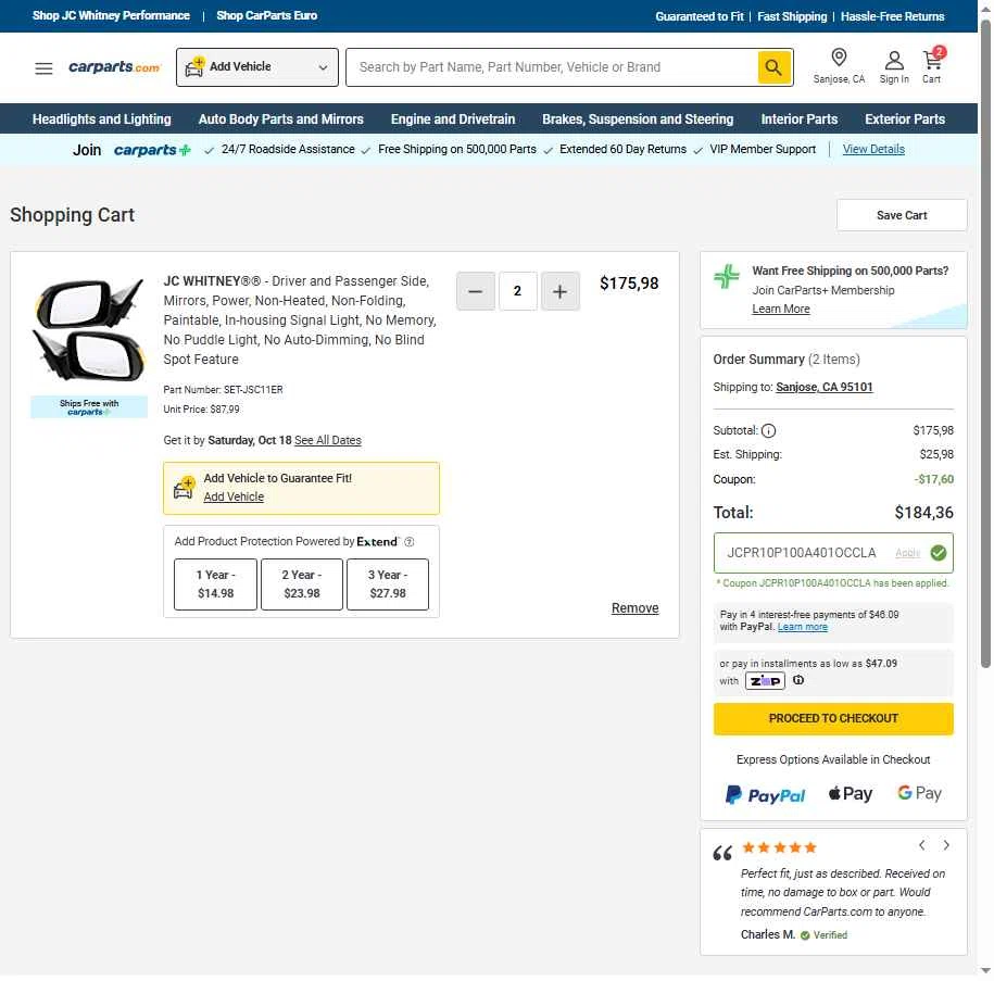 JC Whitney checkout page showing JC Whitney promo code box | Screenshot taken by SimplyCodes community member on Oct 15, 2025
