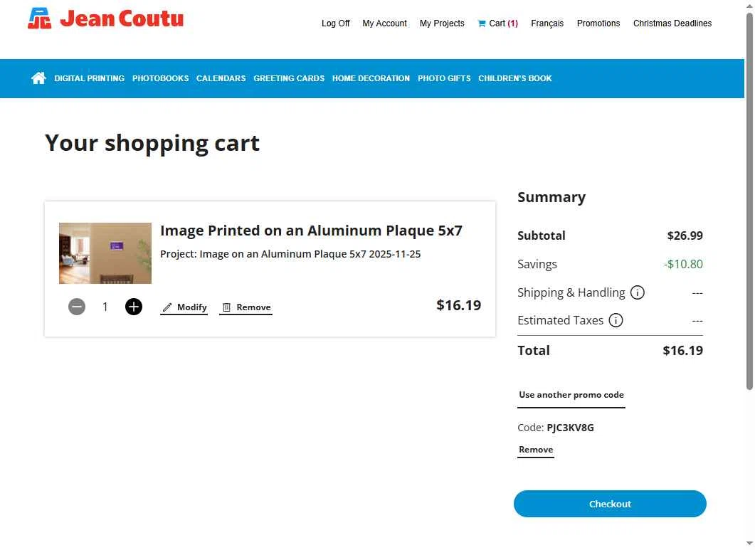 Jean Coutu checkout page showing Jean Coutu promo code box | Screenshot taken by SimplyCodes community member on Nov 25, 2025