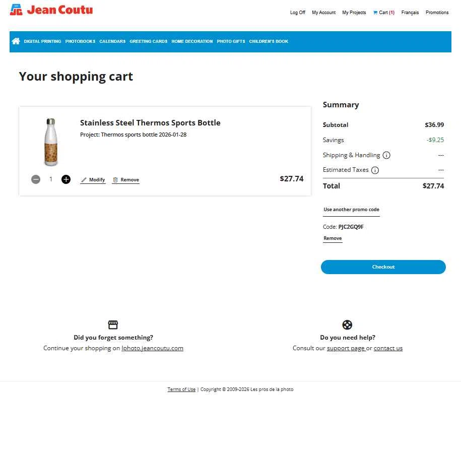 Jean Coutu checkout page showing Jean Coutu promo code box | Screenshot taken by SimplyCodes community member on Jan 28, 2026