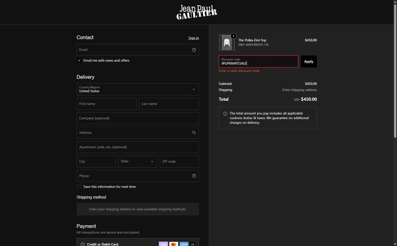 Verification screenshot for 40% Off Select Items at Jean Paul Gaultier - 40d ago