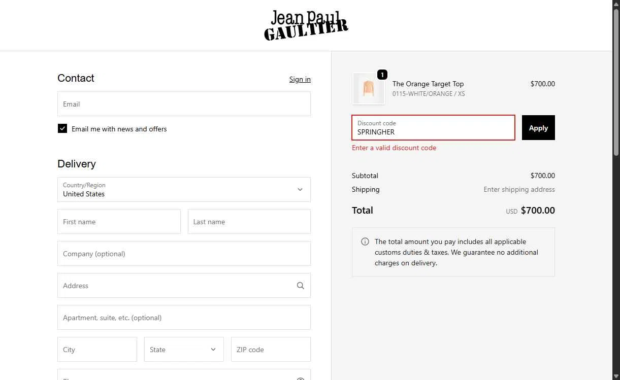Verification screenshot for Free Gift Storewide at Jean Paul Gaultier - 52d ago