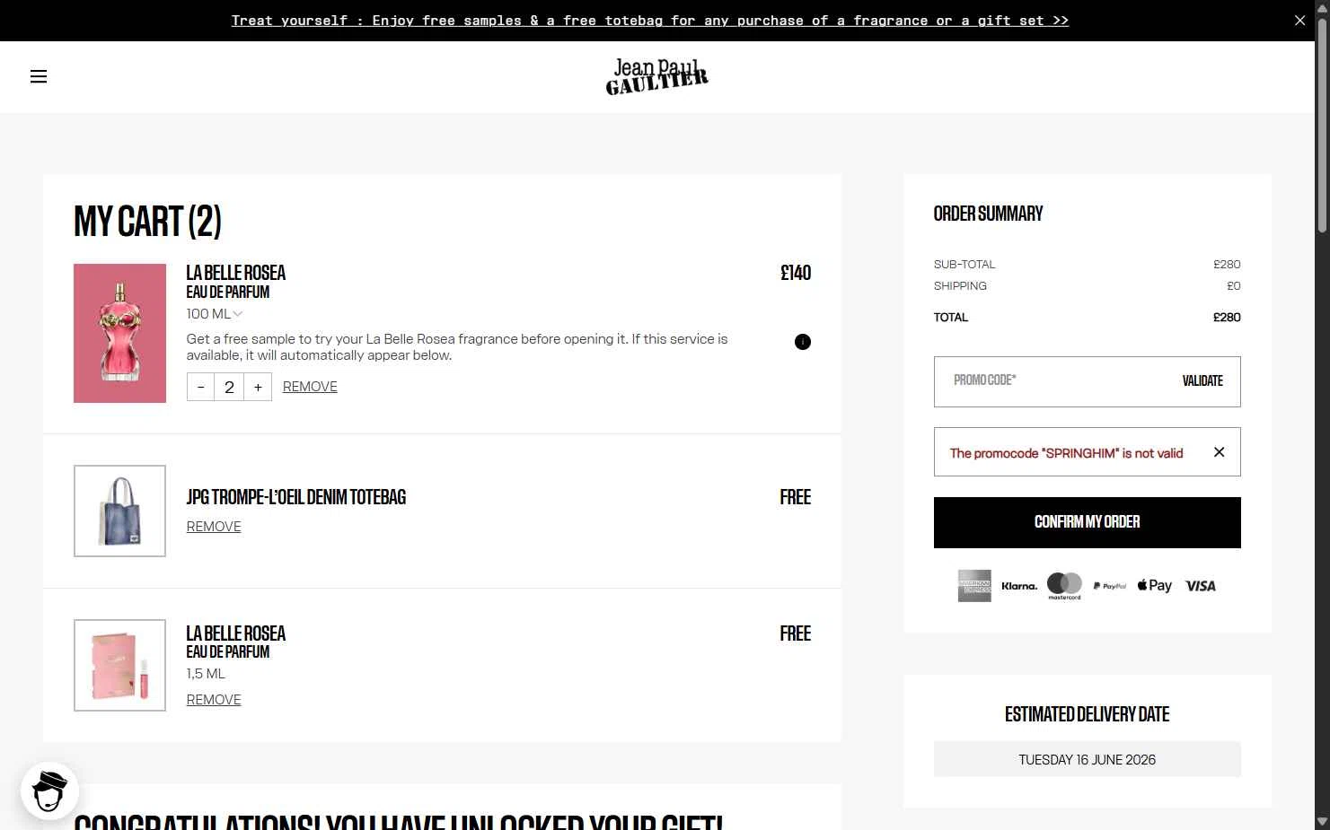 Verification screenshot for Free Gift Select Items at Jean Paul Gaultier - 50d ago