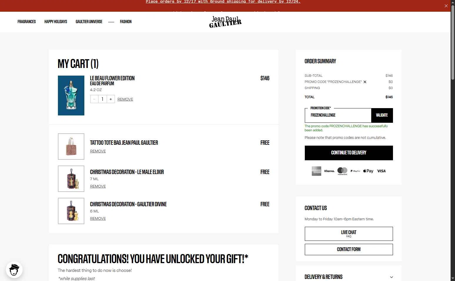 Jean Paul Gaultier checkout page showing Jean Paul Gaultier promo code box | Screenshot taken by SimplyCodes community member on Dec 8, 2025