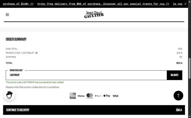 Jean Paul Gaultier checkout page showing Jean Paul Gaultier promo code box | Screenshot taken by SimplyCodes community member on Sep 18, 2025