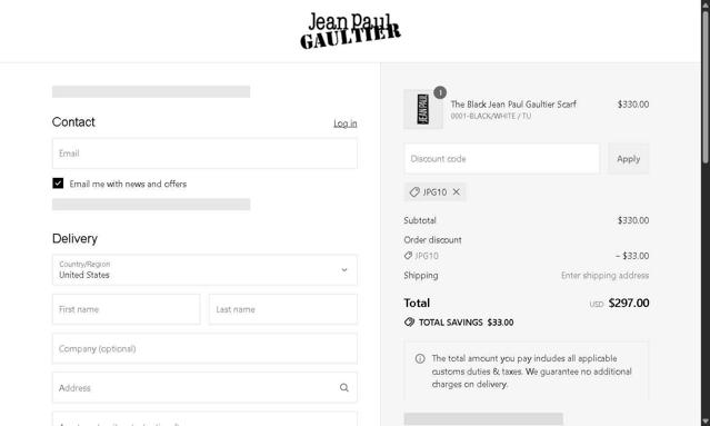 Jean Paul Gaultier checkout page showing Jean Paul Gaultier promo code box | Screenshot taken by SimplyCodes community member on Aug 19, 2025