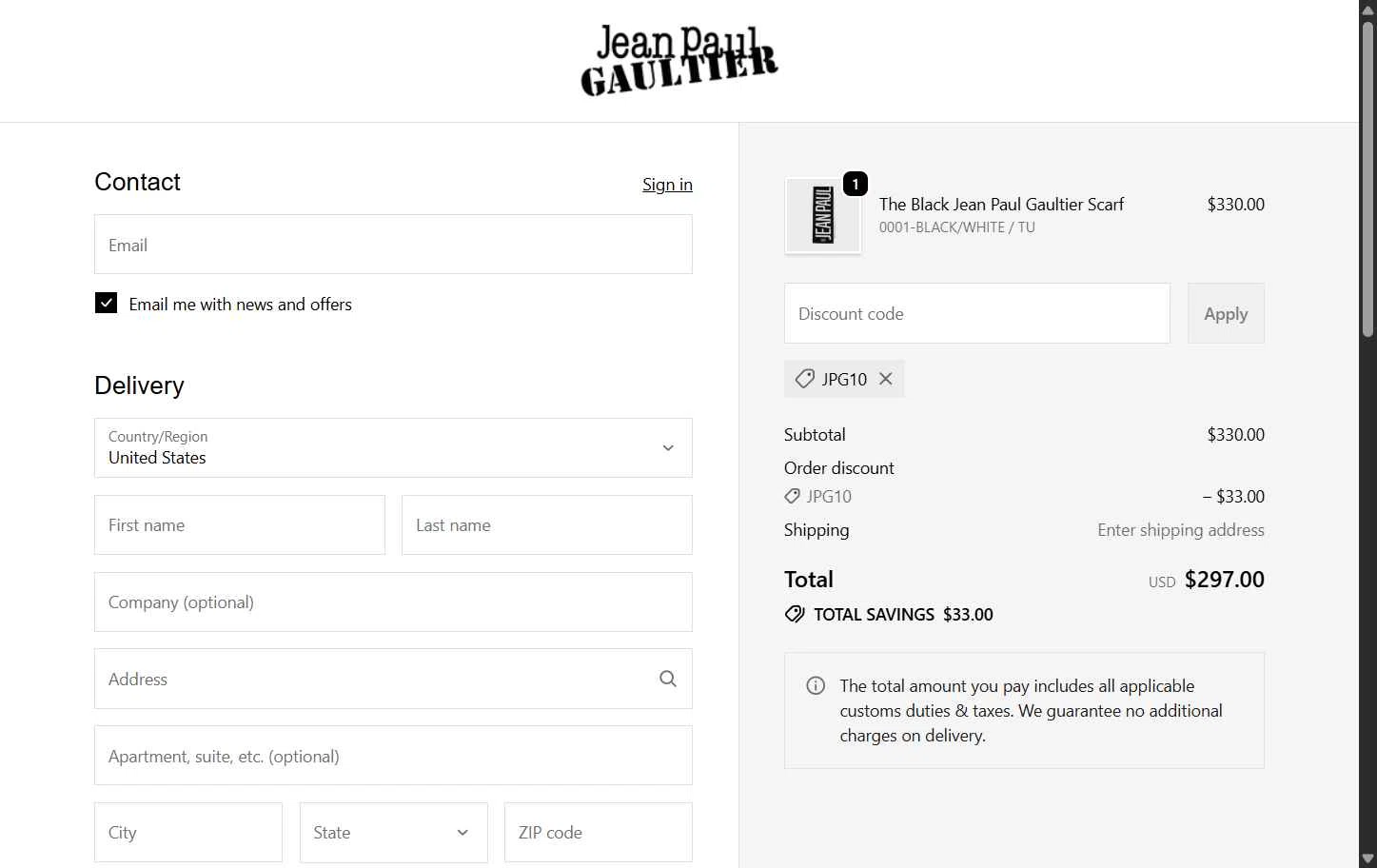 Jean Paul Gaultier checkout page showing Jean Paul Gaultier promo code box | Screenshot taken by SimplyCodes community member on Oct 19, 2025