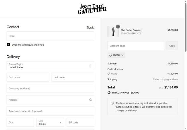 Jean Paul Gaultier checkout page showing Jean Paul Gaultier promo code box | Screenshot taken by SimplyCodes community member on Sep 9, 2025