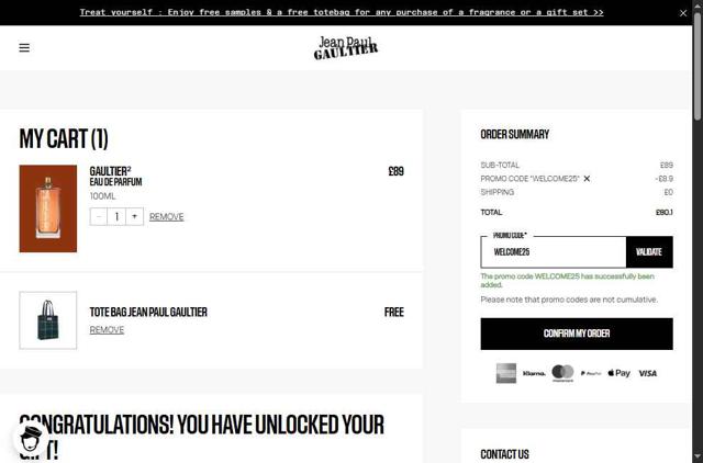 Jean Paul Gaultier checkout page showing Jean Paul Gaultier promo code box | Screenshot taken by SimplyCodes community member on Sep 25, 2025