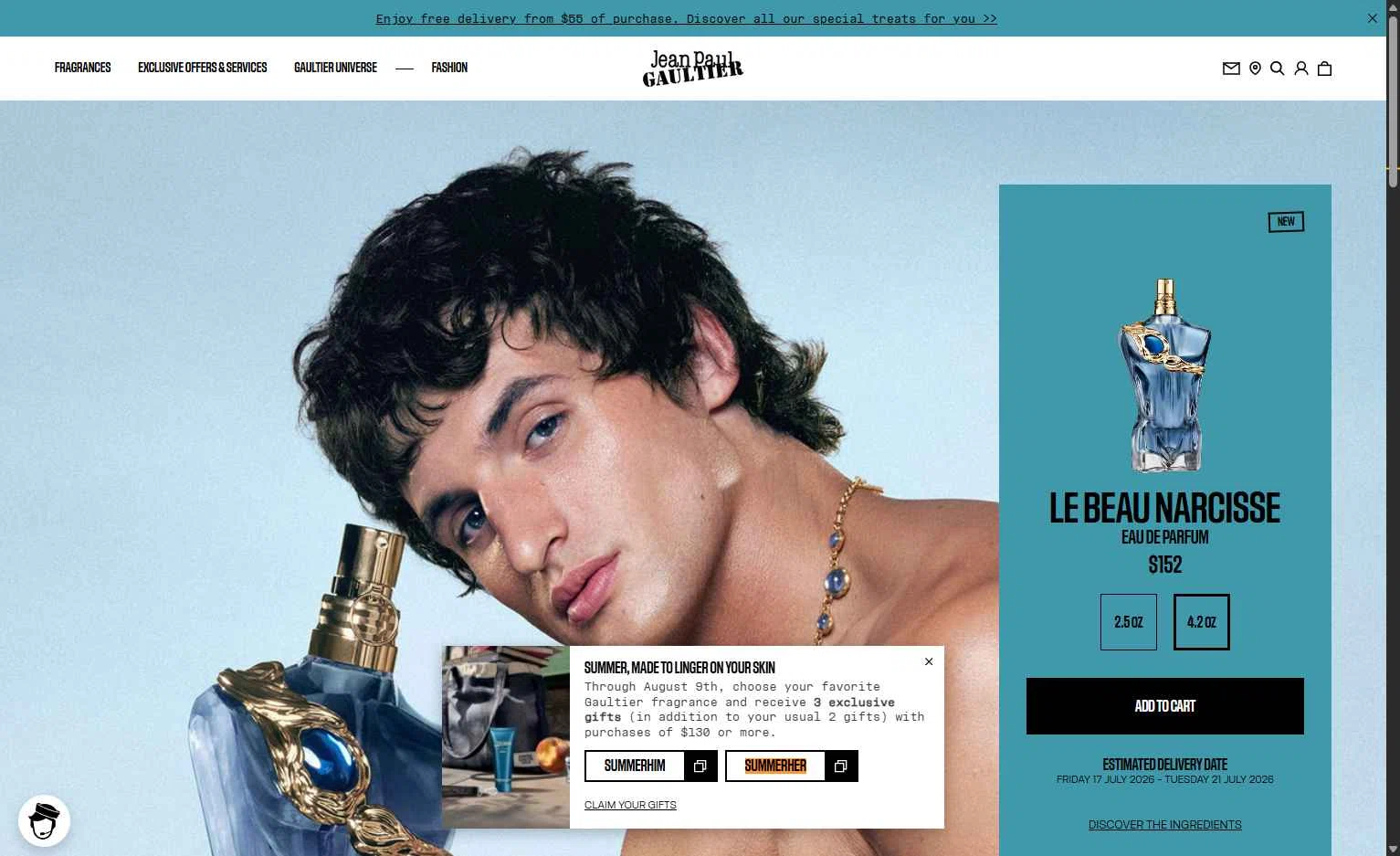 Verification screenshot for Free Gift Storewide (minimum Order $130) at Jean Paul Gaultier - 19d ago