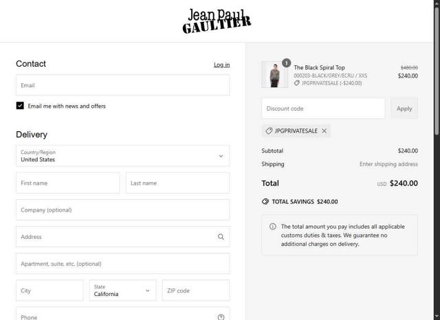 Jean Paul Gaultier checkout page showing Jean Paul Gaultier promo code box | Screenshot taken by SimplyCodes community member on Jun 22, 2025