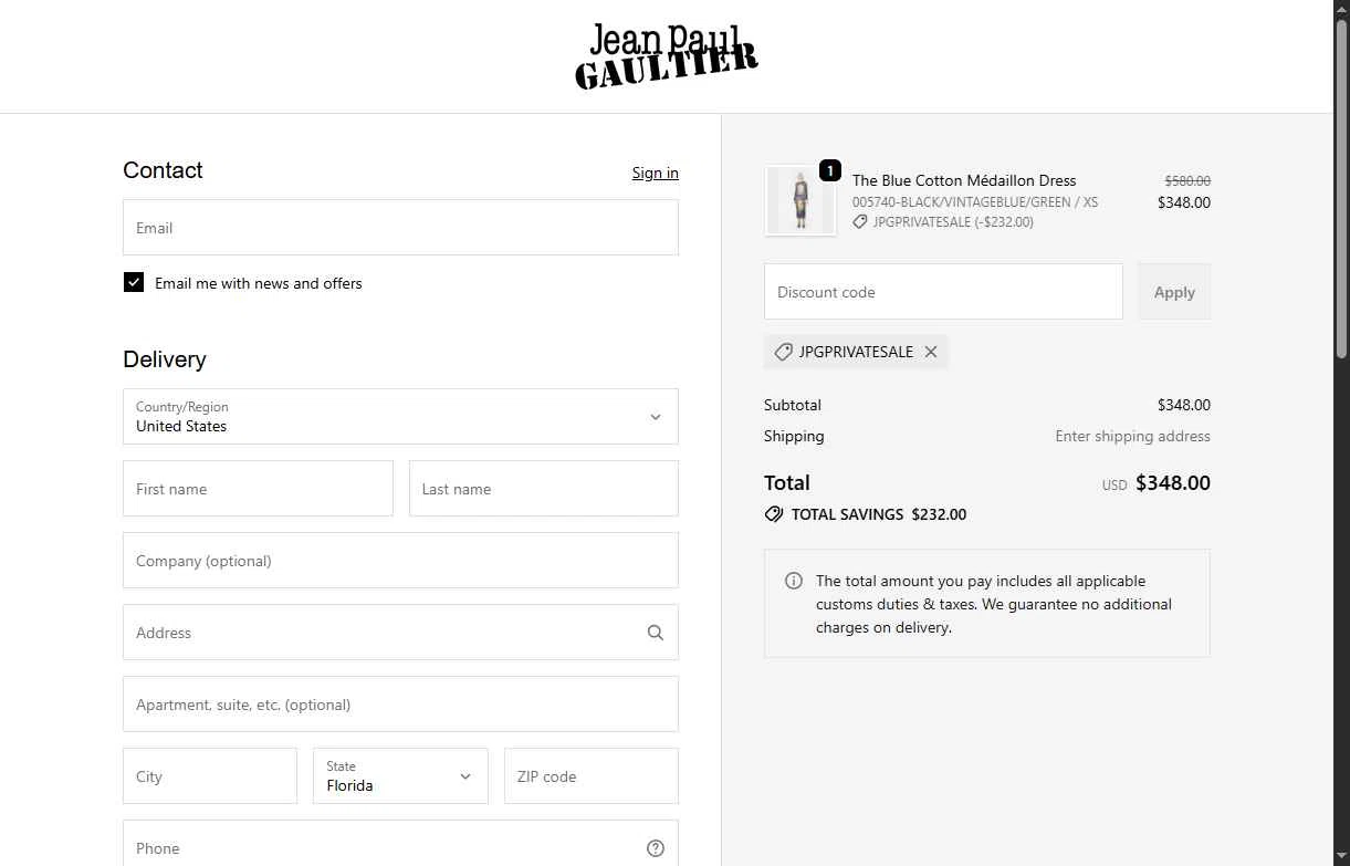 Jean Paul Gaultier checkout page showing Jean Paul Gaultier promo code box | Screenshot taken by SimplyCodes community member on Dec 28, 2025
