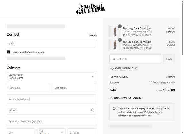 Jean Paul Gaultier checkout page showing Jean Paul Gaultier promo code box | Screenshot taken by SimplyCodes community member on Jun 22, 2025