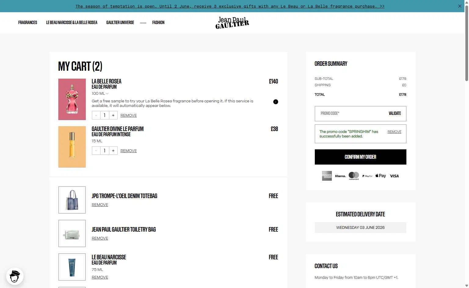 Verification screenshot for Free Gift Select Items at Jean Paul Gaultier - 2mo ago