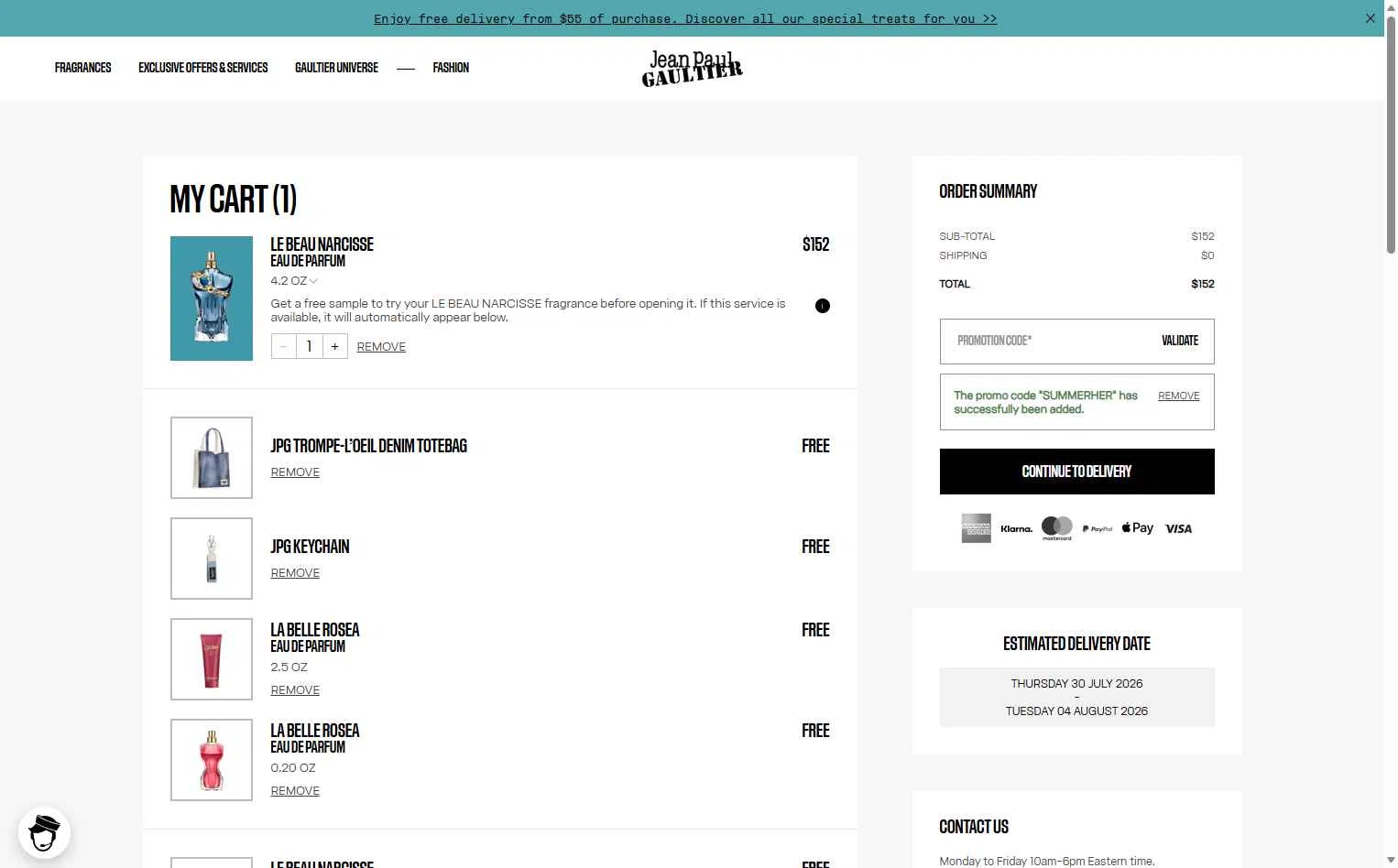 Verification screenshot for Free Gift Storewide (minimum Order $130) at Jean Paul Gaultier - 6d ago