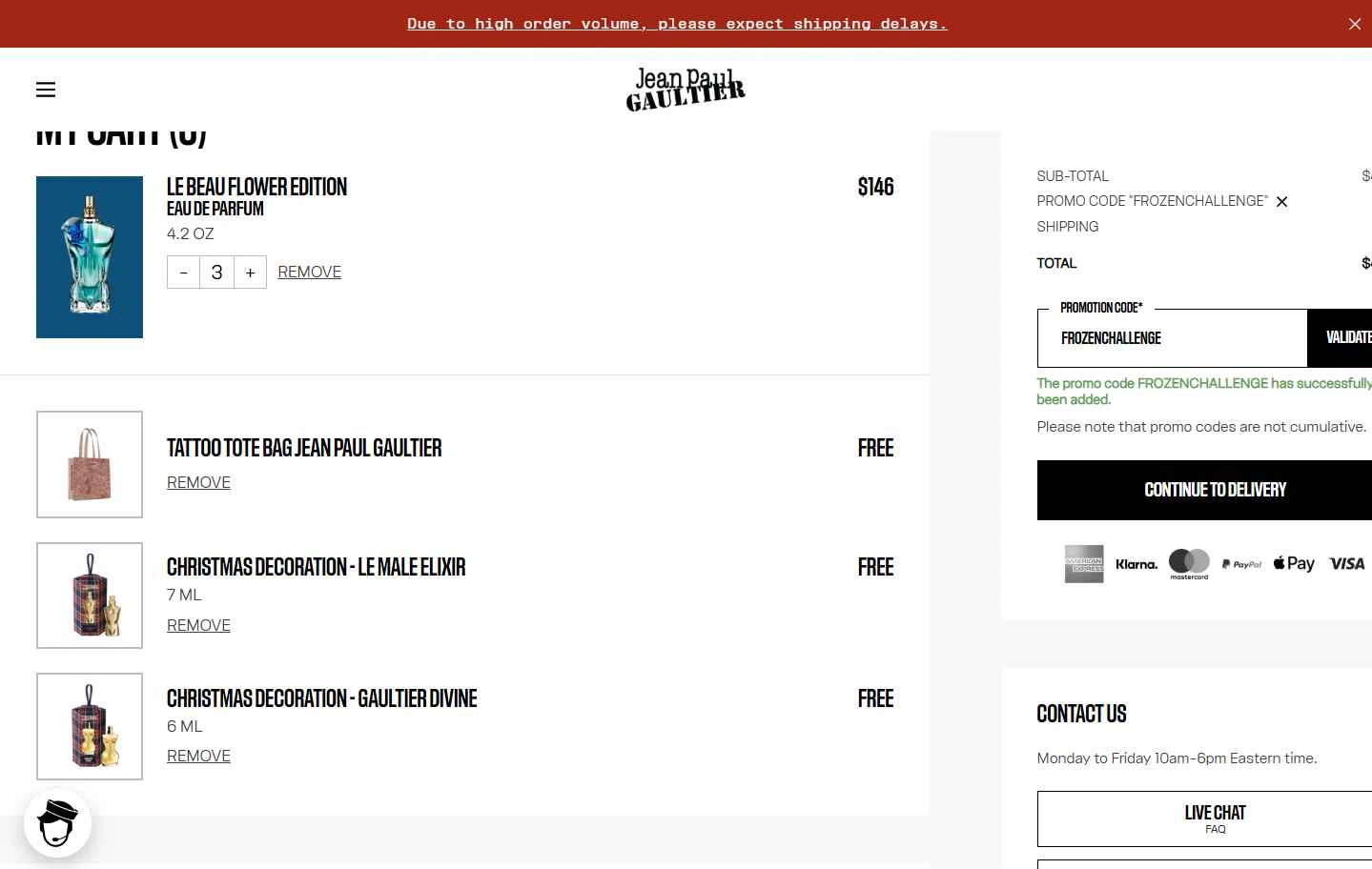 Jean Paul Gaultier checkout page showing Jean Paul Gaultier promo code box | Screenshot taken by SimplyCodes community member on Dec 13, 2025