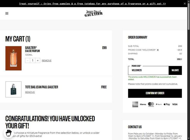Jean Paul Gaultier checkout page showing Jean Paul Gaultier promo code box | Screenshot taken by SimplyCodes community member on Aug 28, 2025