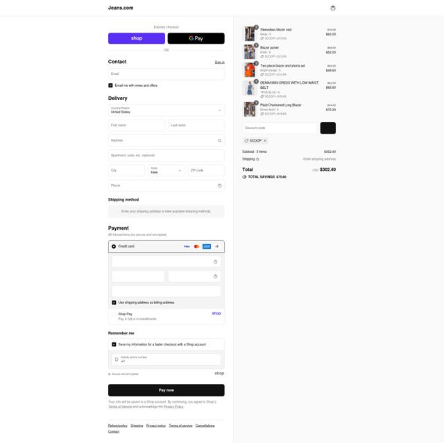 Jeans.com checkout page showing Jeans.com promo code box | Screenshot taken by SimplyCodes community member on Sep 12, 2025