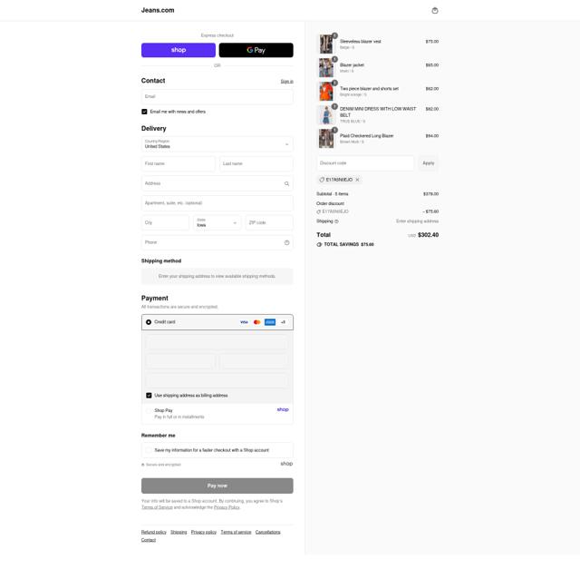 Jeans.com checkout page showing Jeans.com promo code box | Screenshot taken by SimplyCodes community member on Sep 12, 2025