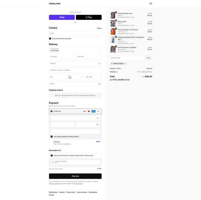 Jeans.com checkout page showing Jeans.com promo code box | Screenshot taken by SimplyCodes community member on Sep 12, 2025