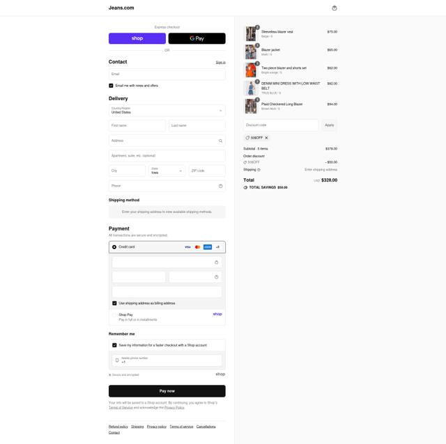 Jeans.com checkout page showing Jeans.com promo code box | Screenshot taken by SimplyCodes community member on Sep 12, 2025
