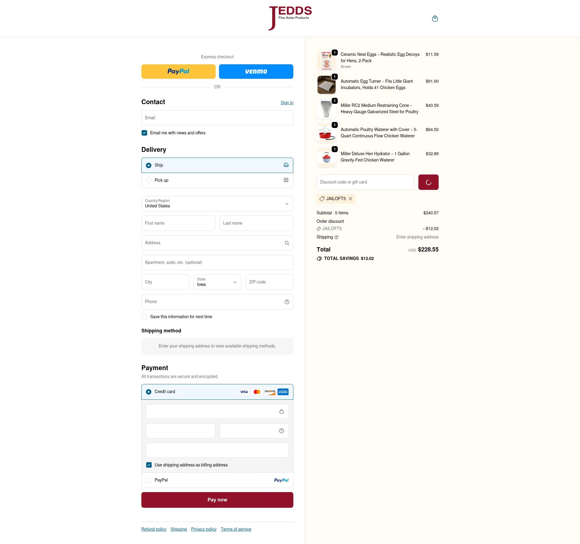 JEDDS Bird Supply checkout page showing JEDDS Bird Supply discount code box | Screenshot taken by SimplyCodes community member on Dec 31, 2025