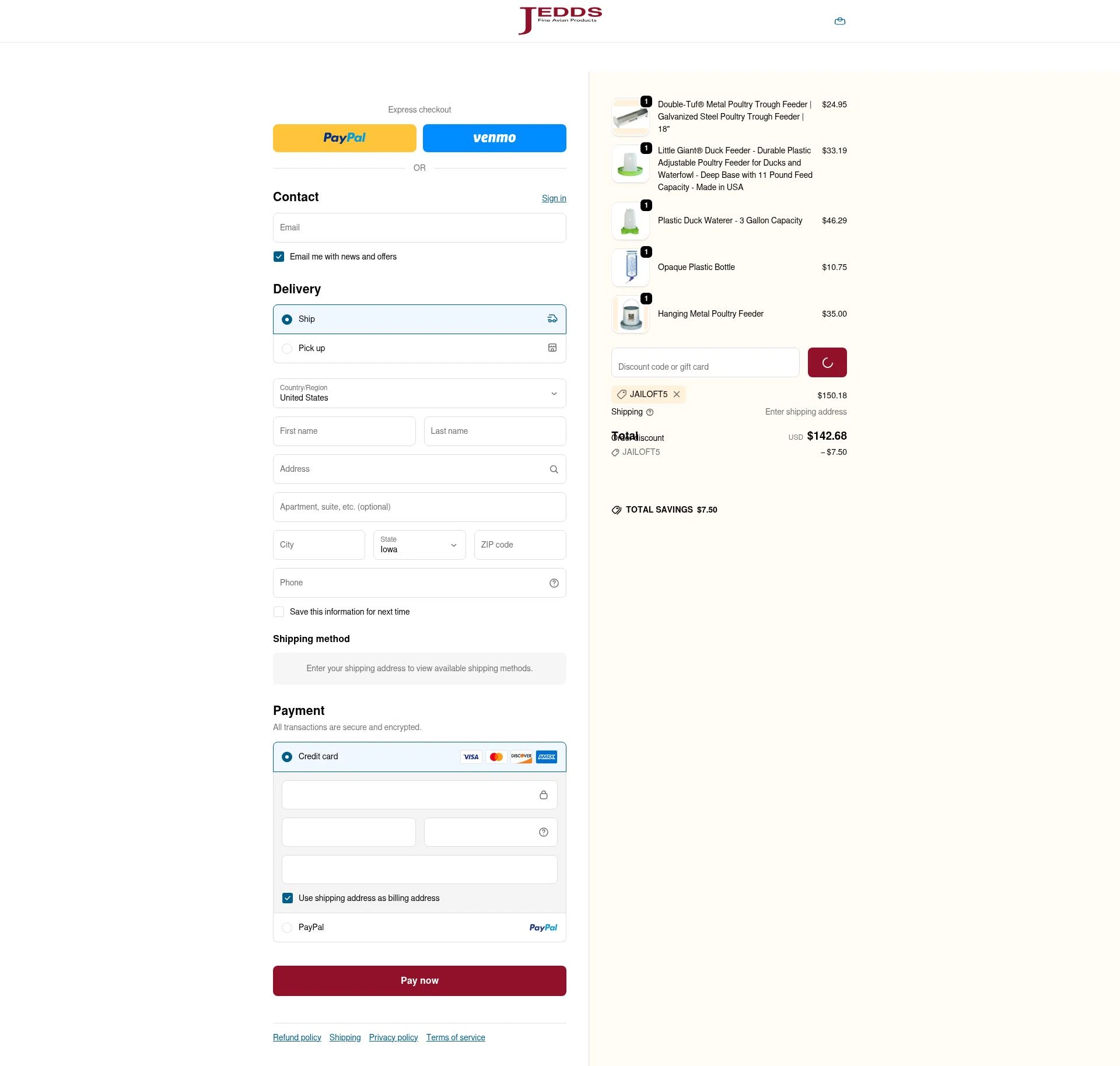 JEDDS Bird Supply checkout page showing JEDDS Bird Supply discount code box | Screenshot taken by SimplyCodes community member on Jan 29, 2026