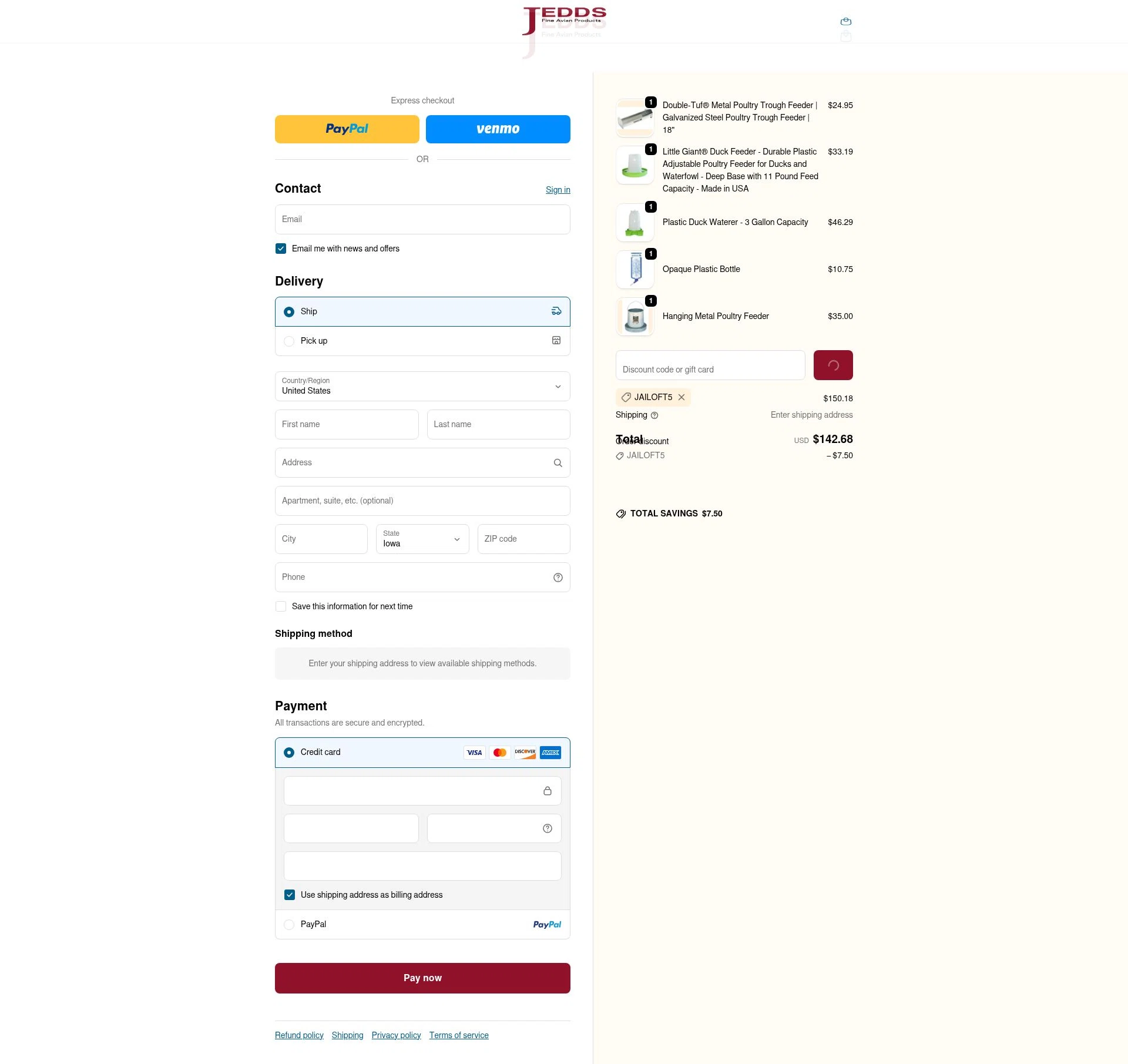 JEDDS Bird Supply checkout page showing JEDDS Bird Supply discount code box | Screenshot taken by SimplyCodes community member on Feb 3, 2026