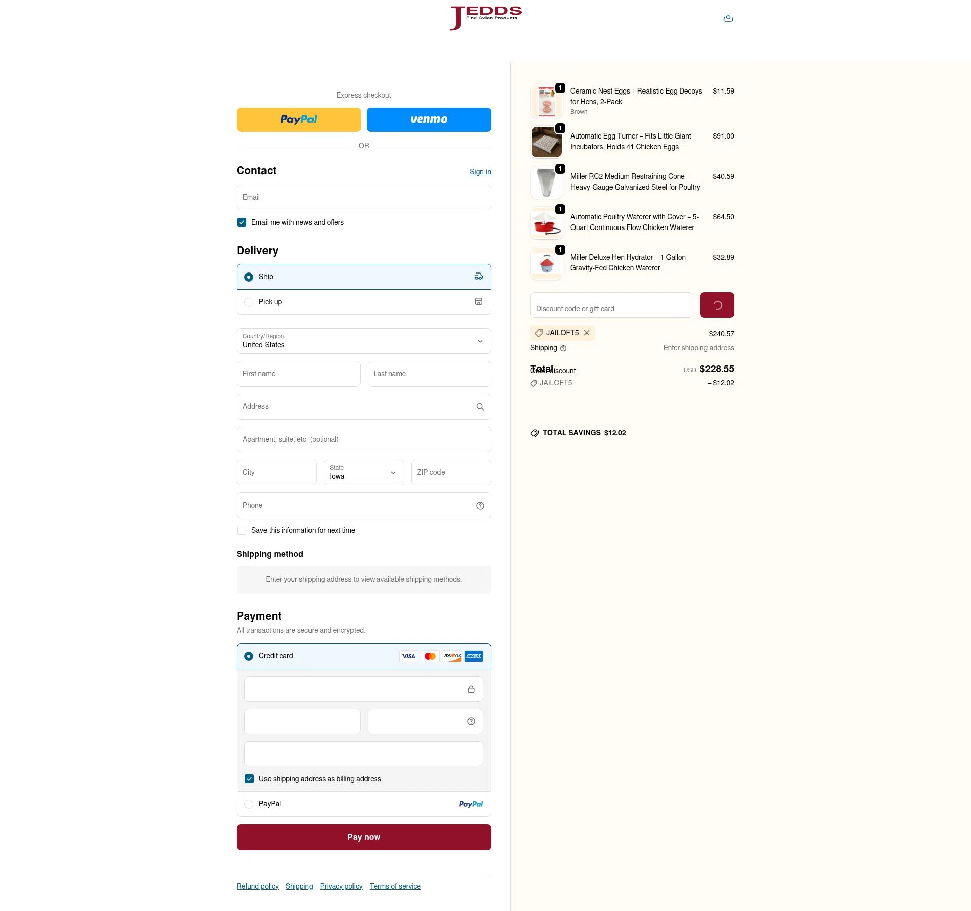 JEDDS Bird Supply checkout page showing JEDDS Bird Supply discount code box | Screenshot taken by SimplyCodes community member on Dec 26, 2025