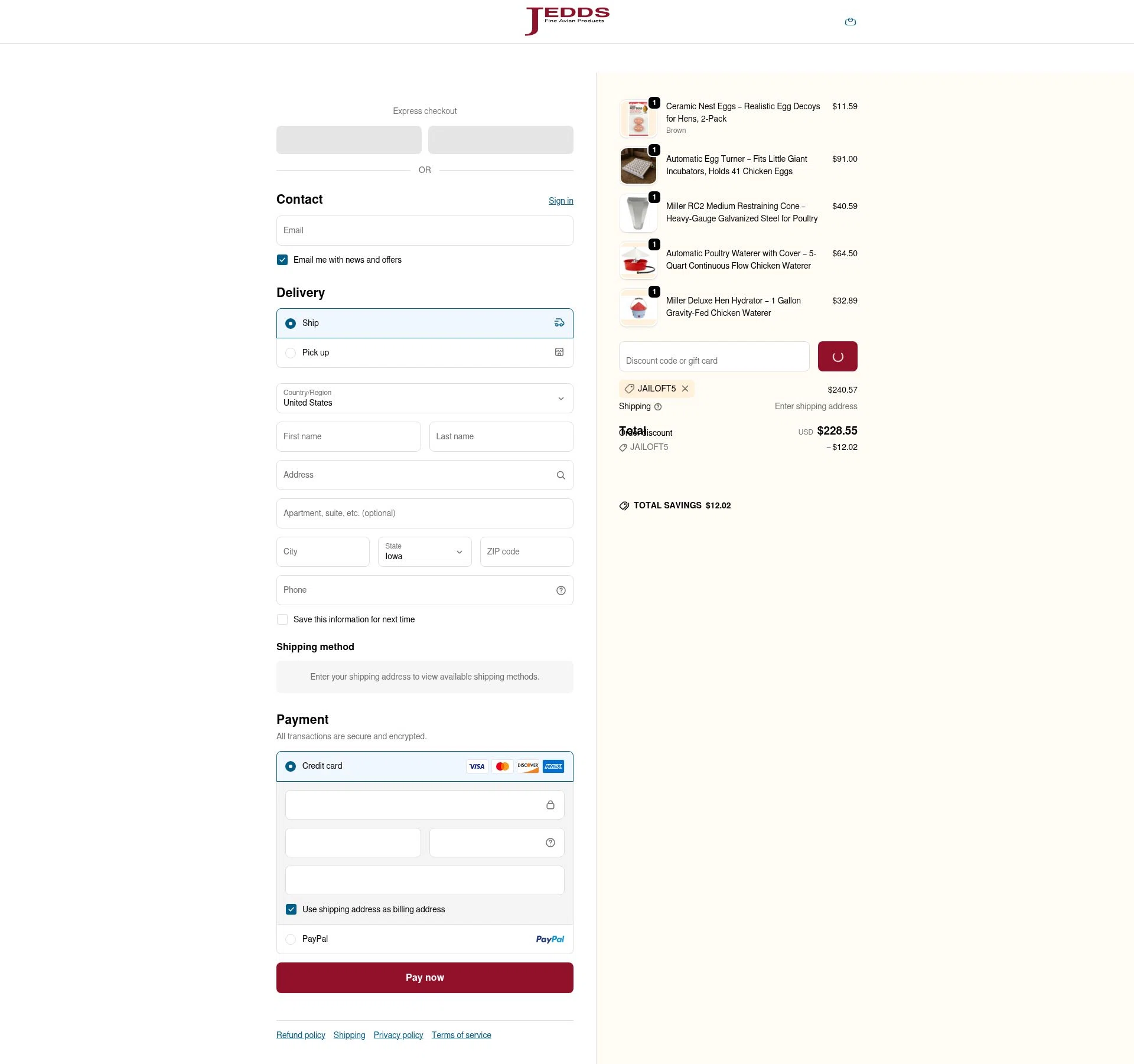 JEDDS Bird Supply checkout page showing JEDDS Bird Supply discount code box | Screenshot taken by SimplyCodes community member on Jan 10, 2026