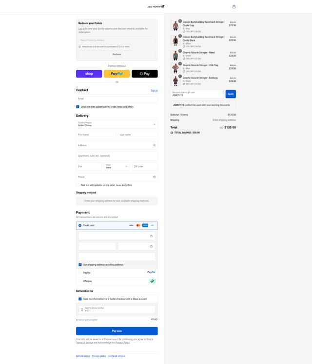Jed North Apparel checkout page showing Jed North Apparel promo code box | Screenshot taken by SimplyCodes community member on Sep 13, 2025