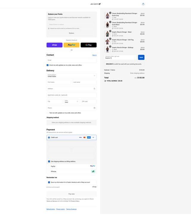 Jed North Apparel checkout page showing Jed North Apparel promo code box | Screenshot taken by SimplyCodes community member on Sep 13, 2025