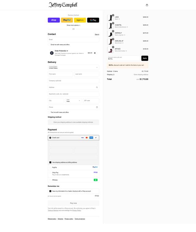 Jeffrey Campbell checkout page showing Jeffrey Campbell promo code box | Screenshot taken by SimplyCodes community member on Sep 11, 2025