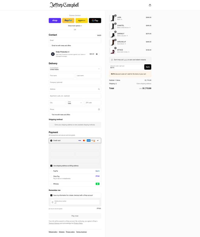 Jeffrey Campbell checkout page showing Jeffrey Campbell promo code box | Screenshot taken by SimplyCodes community member on Sep 8, 2025