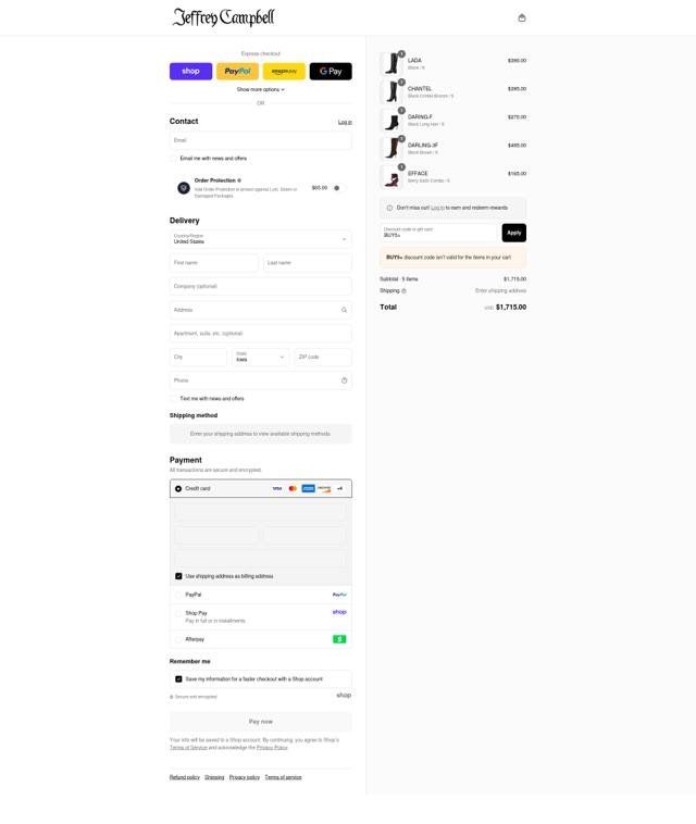 Jeffrey Campbell checkout page showing Jeffrey Campbell promo code box | Screenshot taken by SimplyCodes community member on Sep 8, 2025