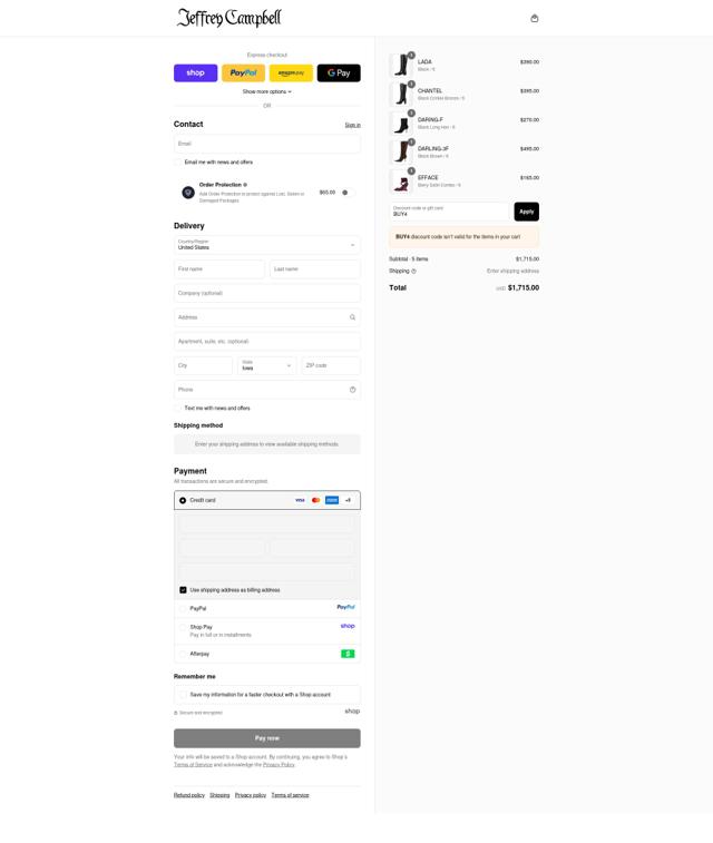 Jeffrey Campbell checkout page showing Jeffrey Campbell promo code box | Screenshot taken by SimplyCodes community member on Sep 12, 2025