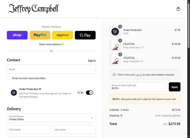 Jeffrey Campbell checkout page showing Jeffrey Campbell promo code box | Screenshot taken by SimplyCodes community member on Sep 11, 2025