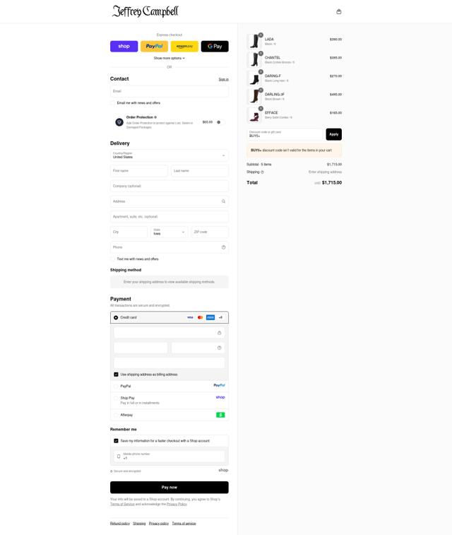 Jeffrey Campbell checkout page showing Jeffrey Campbell promo code box | Screenshot taken by SimplyCodes community member on Sep 14, 2025