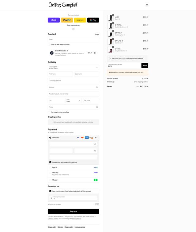 Jeffrey Campbell checkout page showing Jeffrey Campbell promo code box | Screenshot taken by SimplyCodes community member on Sep 8, 2025