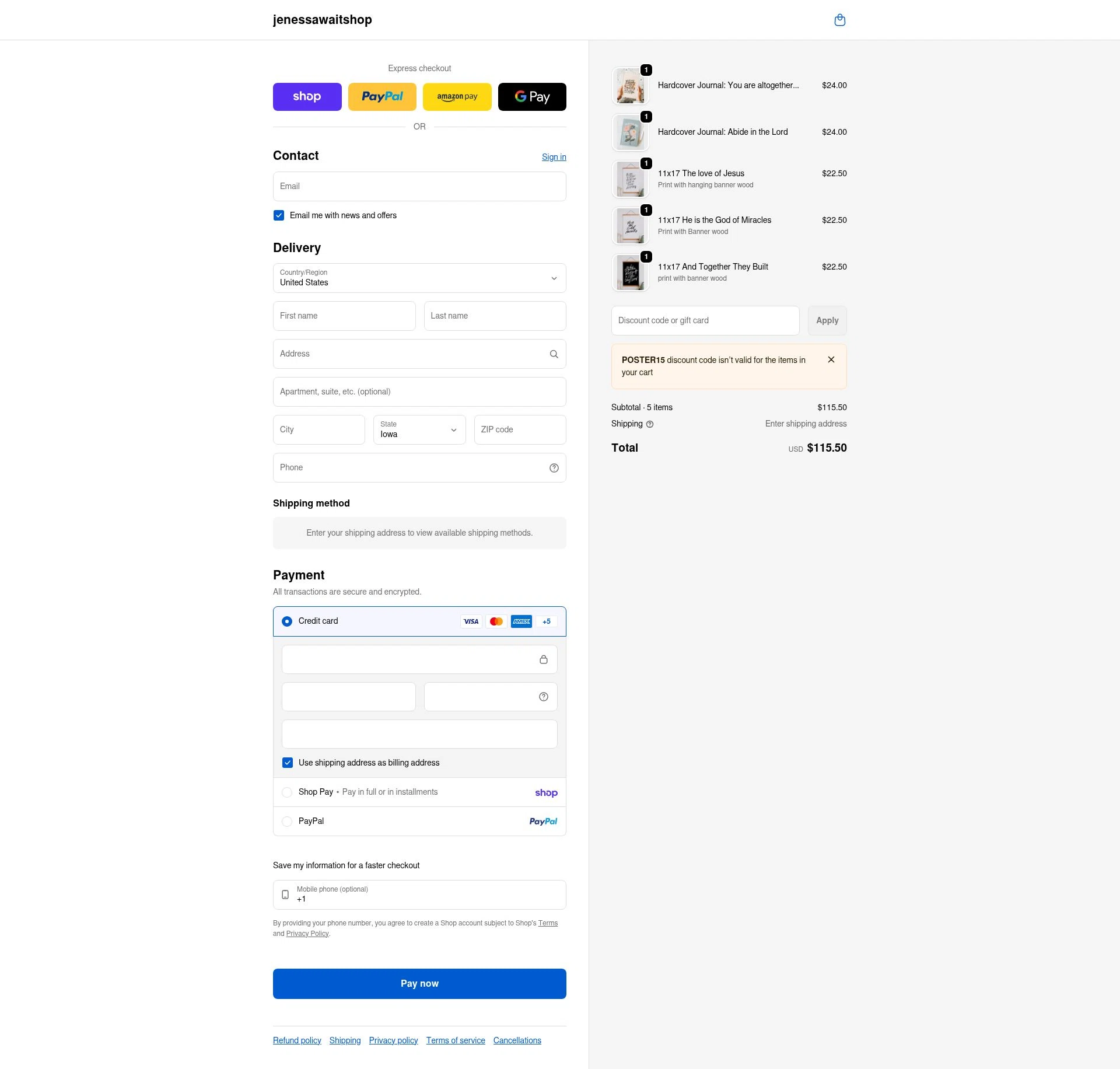 Jenessa Wait checkout page showing Jenessa Wait coupon code box | Screenshot taken by SimplyCodes community member on Feb 5, 2026