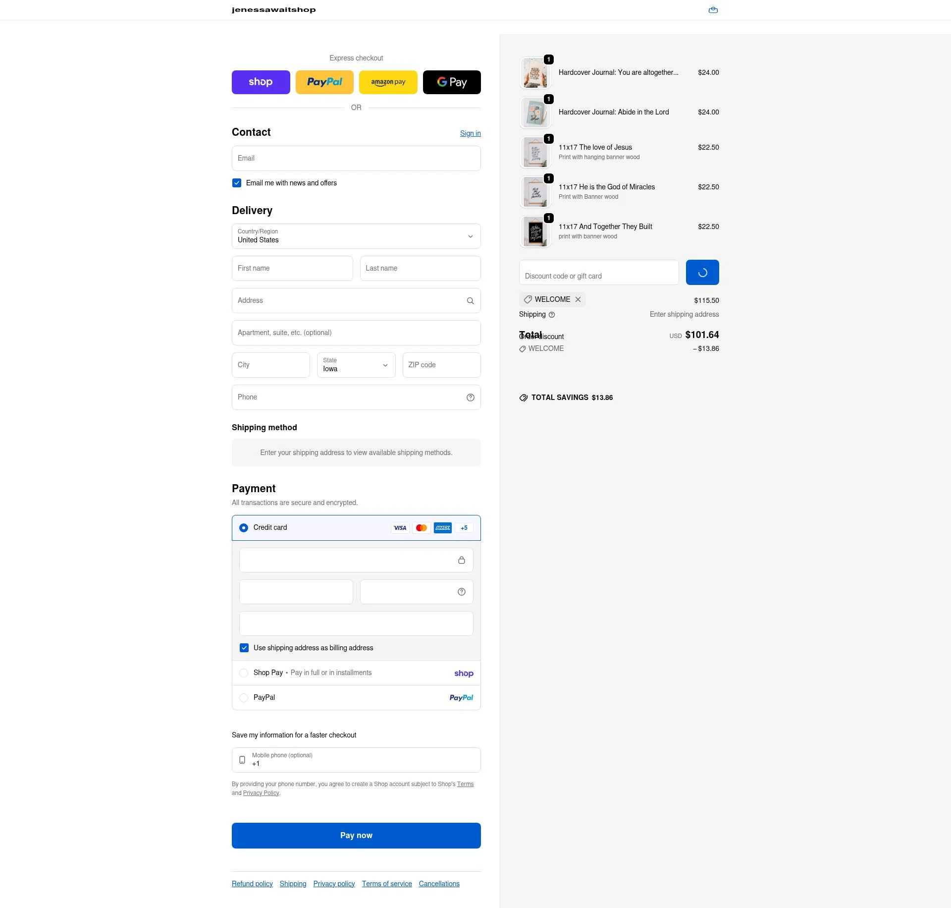 Jenessa Wait checkout page showing Jenessa Wait coupon code box | Screenshot taken by SimplyCodes community member on Feb 1, 2026
