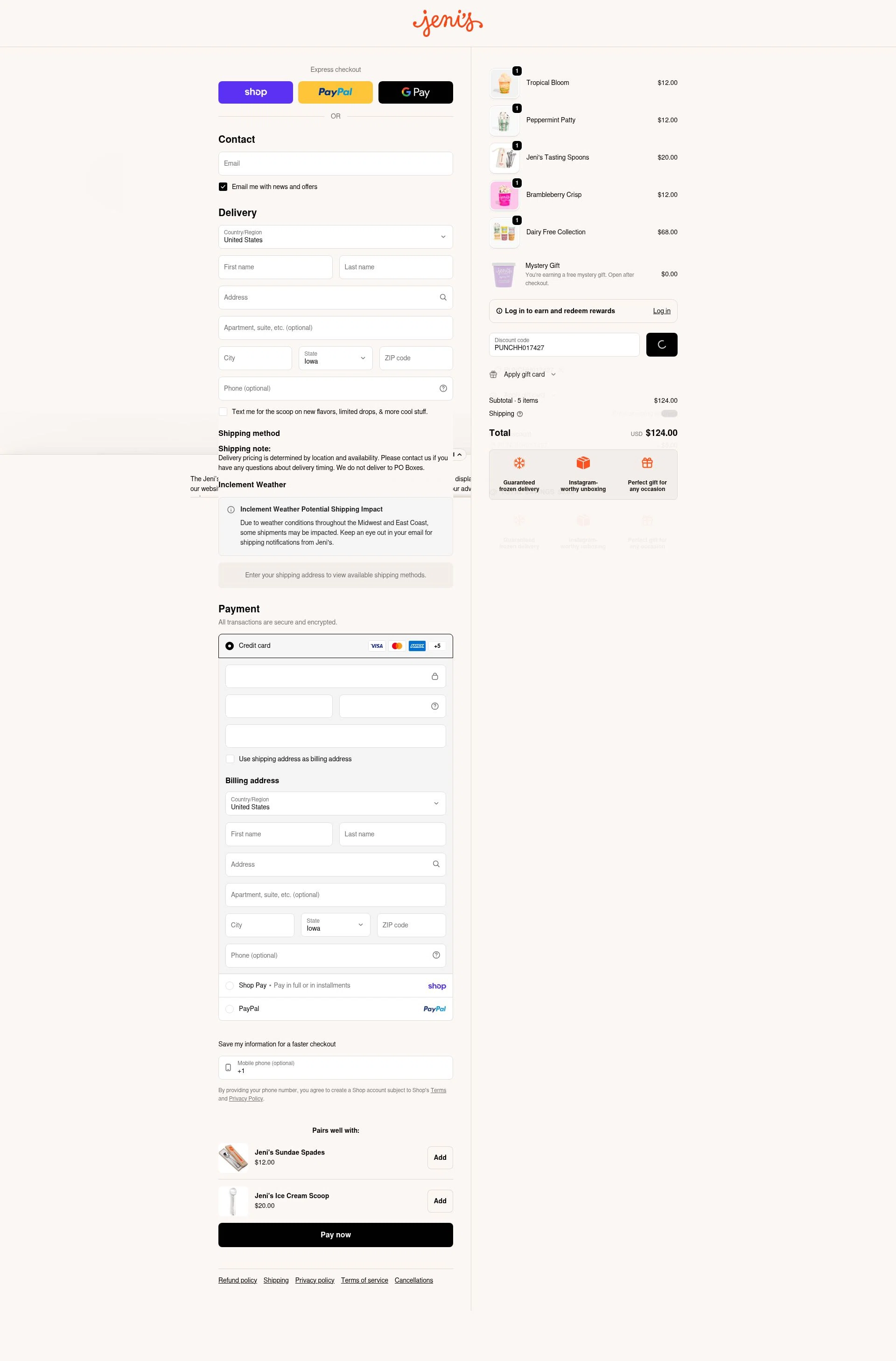 Jeni's Splendid Ice Creams checkout page showing Jeni's Splendid Ice Creams promo code box | Screenshot taken by SimplyCodes community member on Jan 30, 2026