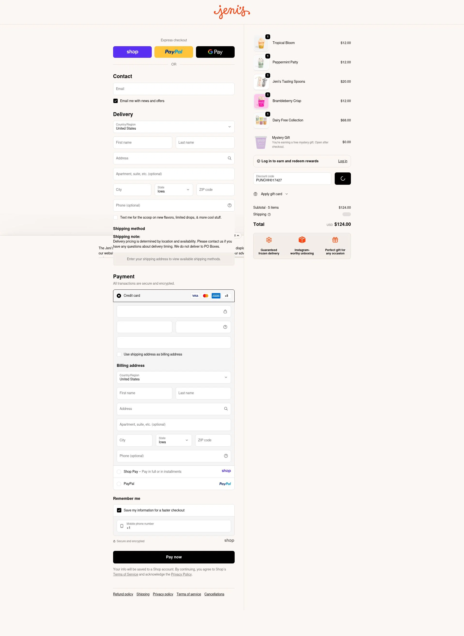 Jeni's Splendid Ice Creams checkout page showing Jeni's Splendid Ice Creams promo code box | Screenshot taken by SimplyCodes community member on Jan 6, 2026