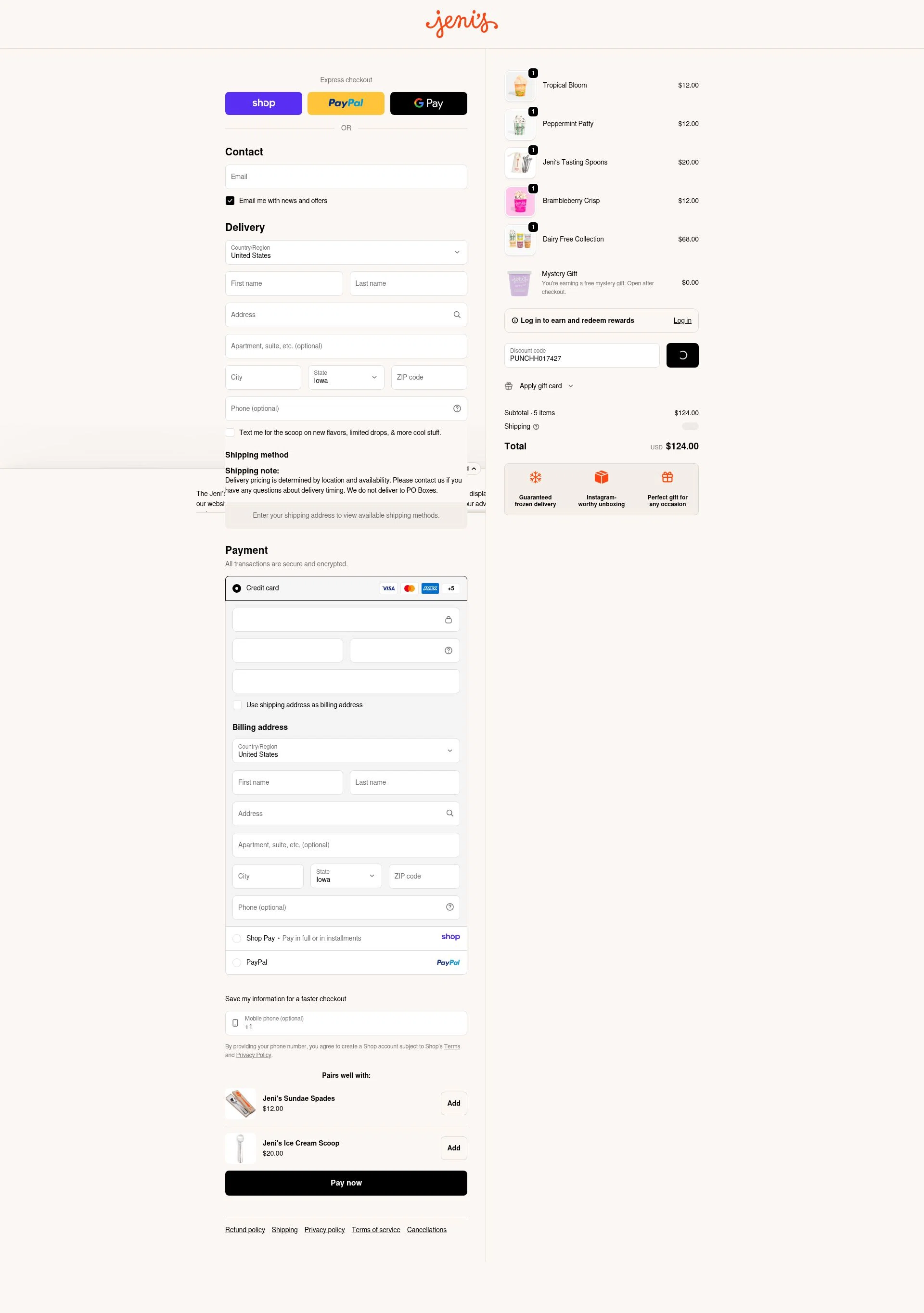 Jeni's Splendid Ice Creams checkout page showing Jeni's Splendid Ice Creams promo code box | Screenshot taken by SimplyCodes community member on Jan 16, 2026