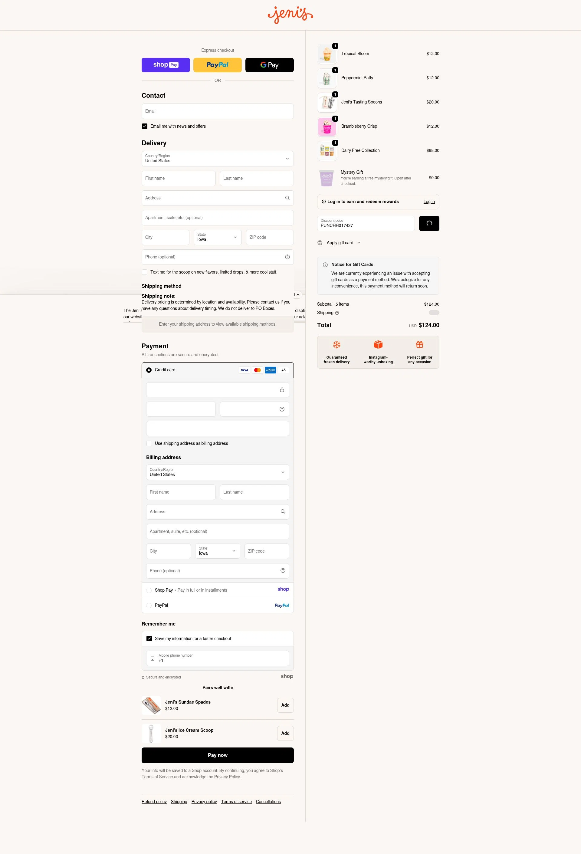 Jeni's Splendid Ice Creams checkout page showing Jeni's Splendid Ice Creams promo code box | Screenshot taken by SimplyCodes community member on Jan 11, 2026